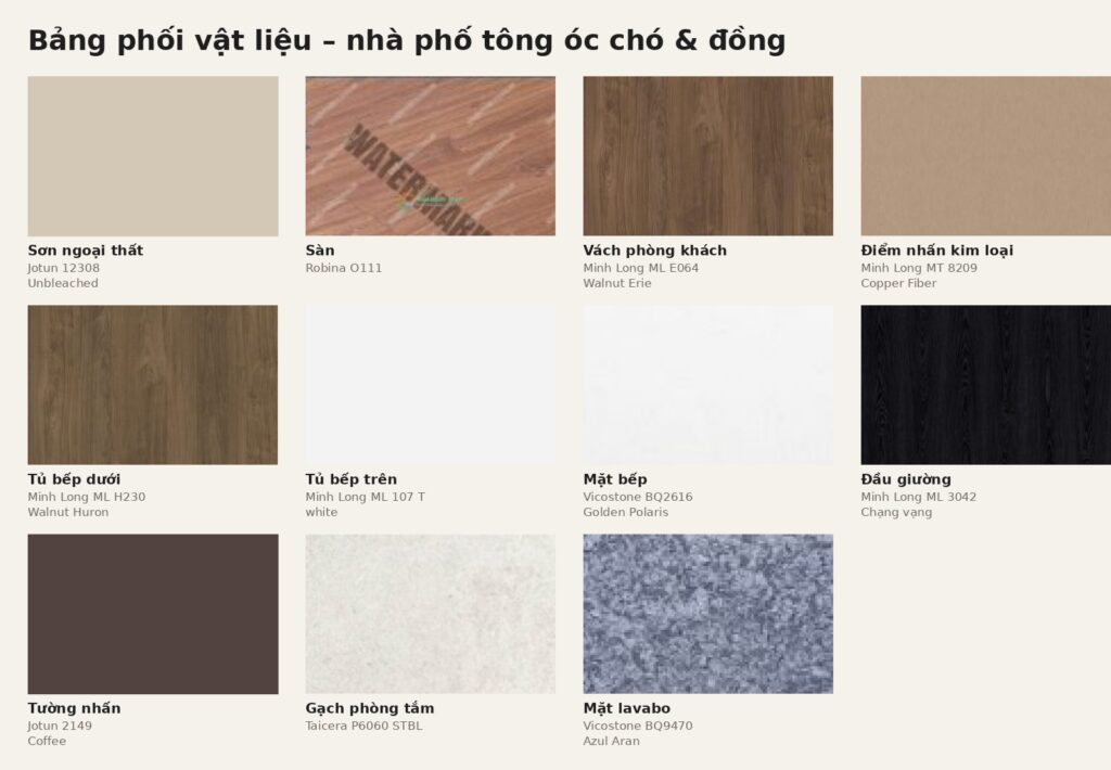 Bảng phối vật liệu nhà phố tông óc chó và đồng